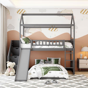 Homeroots Gray Twin Over Twin Playhouse Perpendicular Bunk Bed With Slide  Manufactured Wood And Solid Wood 404050
