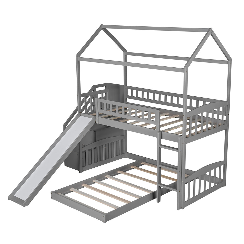 Homeroots Gray Twin Over Twin Playhouse Perpendicular Bunk Bed With Slide  Manufactured Wood And Solid Wood 404050