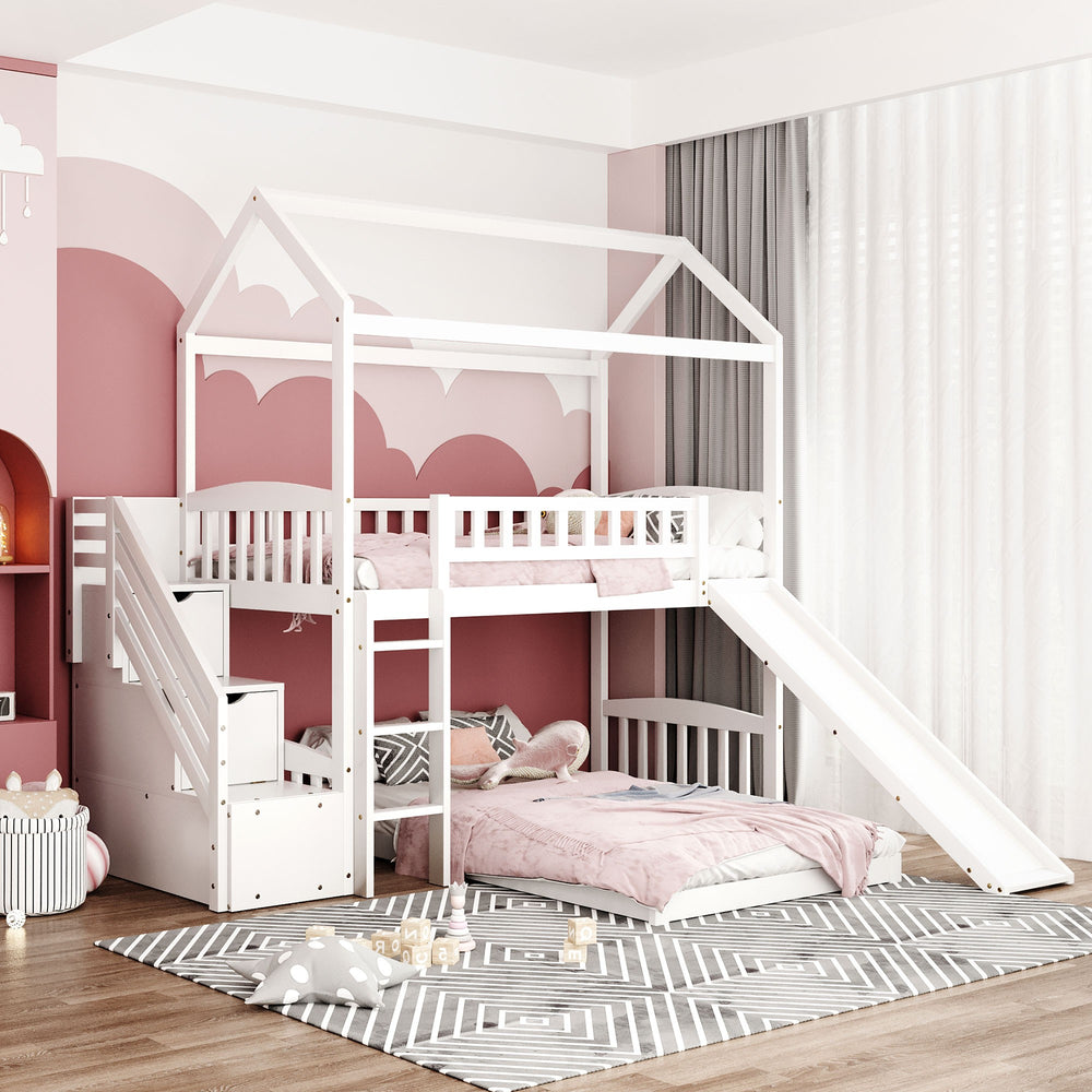 Homeroots White Twin Over Twin Playhouse Perpendicular Bunk Bed With Slide  Manufactured Wood And Solid Wood 404051