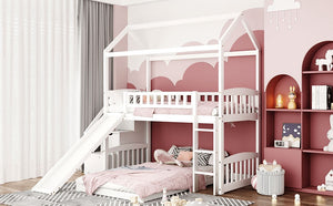Homeroots White Twin Over Twin Playhouse Perpendicular Bunk Bed With Slide  Manufactured Wood And Solid Wood 404051