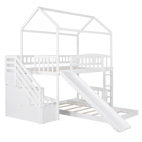 Homeroots White Twin Over Twin Playhouse Perpendicular Bunk Bed With Slide  Manufactured Wood And Solid Wood 404051