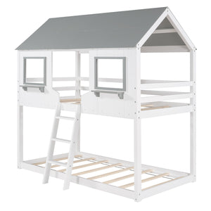 Homeroots White And Dark Gray Twin Over Twin Doll House Bunk Bed  Manufactured Wood And Solid Wood 404052