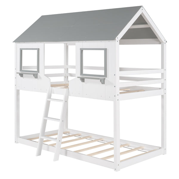 Homeroots White And Dark Gray Twin Over Twin Doll House Bunk Bed  Manufactured Wood And Solid Wood 404052