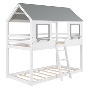 Homeroots White And Dark Gray Twin Over Twin Doll House Bunk Bed  Manufactured Wood And Solid Wood 404052