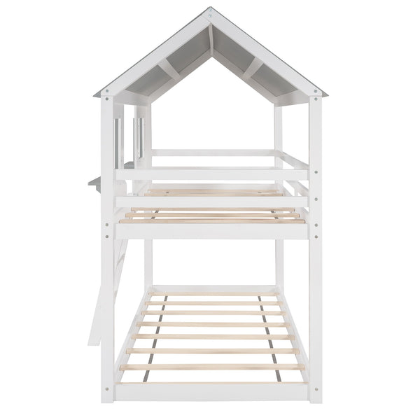 Homeroots White And Dark Gray Twin Over Twin Doll House Bunk Bed  Manufactured Wood And Solid Wood 404052