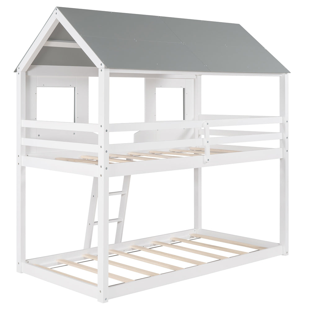 Homeroots White And Dark Gray Twin Over Twin Doll House Bunk Bed  Manufactured Wood And Solid Wood 404052