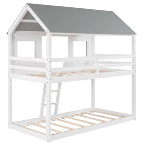 Homeroots White And Dark Gray Twin Over Twin Doll House Bunk Bed  Manufactured Wood And Solid Wood 404052