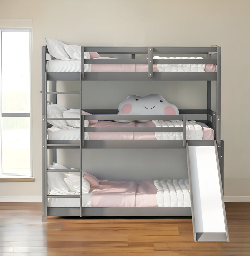 Homeroots Gray Triple Bunk Twin Sized Bed With Slide  Iron 404054
