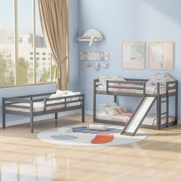 Homeroots Gray Triple Bunk Twin Sized Bed With Slide  Iron 404054