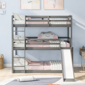 Homeroots Gray Triple Bunk Twin Sized Bed With Slide  Iron 404054