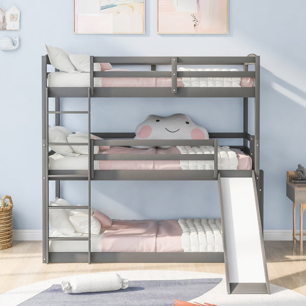 Homeroots Gray Triple Bunk Twin Sized Bed With Slide  Iron 404054