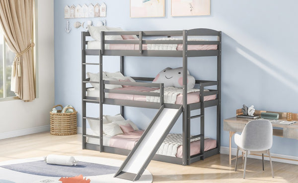 Homeroots Gray Triple Bunk Twin Sized Bed With Slide  Iron 404054