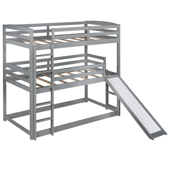 Homeroots Gray Triple Bunk Twin Sized Bed With Slide  Iron 404054
