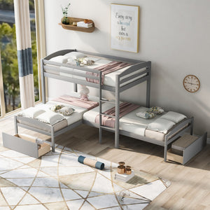 Homeroots Gray L Shaped Triple Bunk Bed With Drawers  Manufactured Wood And Solid Wood 404056