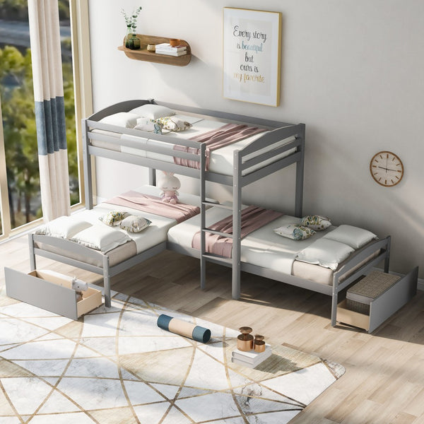 Homeroots Gray L Shaped Triple Bunk Bed With Drawers  Manufactured Wood And Solid Wood 404056