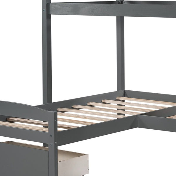 Homeroots Gray L Shaped Triple Bunk Bed With Drawers  Manufactured Wood And Solid Wood 404056