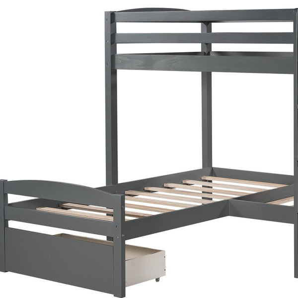 Homeroots Gray L Shaped Triple Bunk Bed With Drawers  Manufactured Wood And Solid Wood 404056