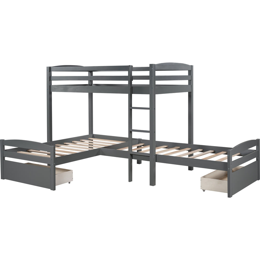 Homeroots Gray L Shaped Triple Bunk Bed With Drawers  Manufactured Wood And Solid Wood 404056