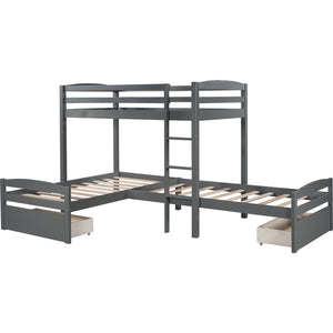Homeroots Gray L Shaped Triple Bunk Bed With Drawers  Manufactured Wood And Solid Wood 404056