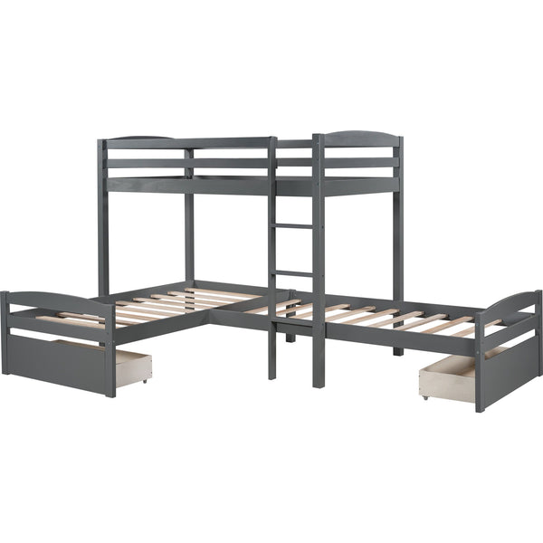 Homeroots Gray L Shaped Triple Bunk Bed With Drawers  Manufactured Wood And Solid Wood 404056