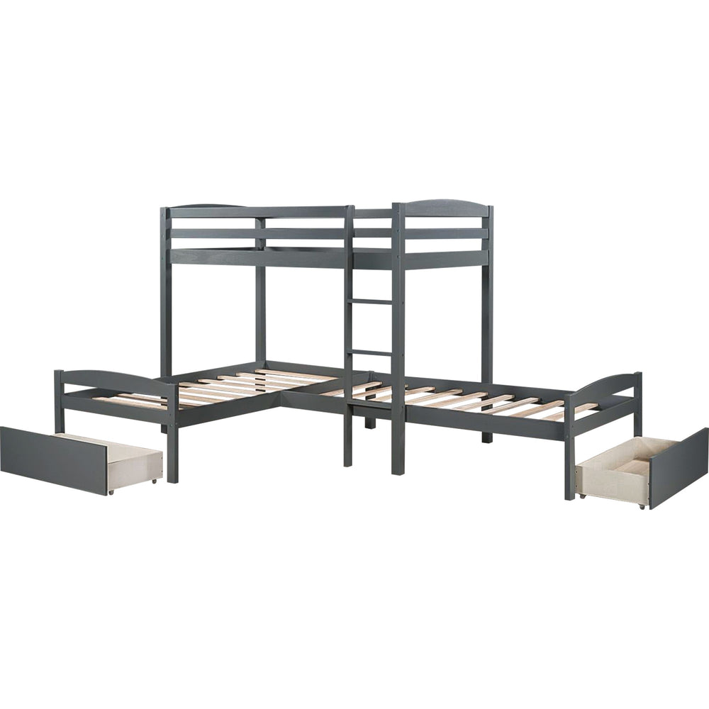 Homeroots Gray L Shaped Triple Bunk Bed With Drawers  Manufactured Wood And Solid Wood 404056