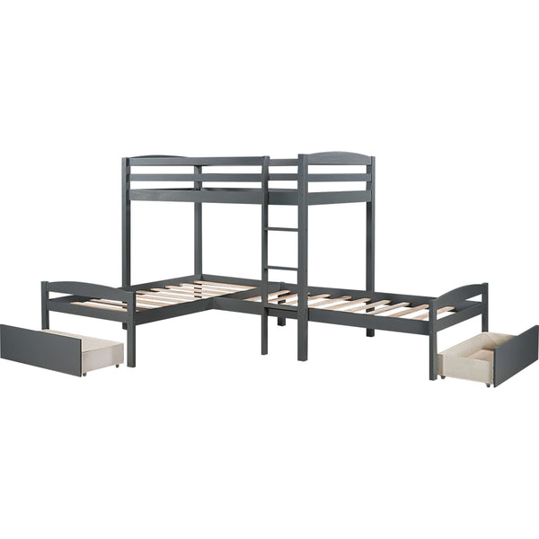 Homeroots Gray L Shaped Triple Bunk Bed With Drawers  Manufactured Wood And Solid Wood 404056