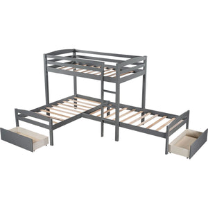Homeroots Gray L Shaped Triple Bunk Bed With Drawers  Manufactured Wood And Solid Wood 404056