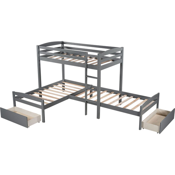 Homeroots Gray L Shaped Triple Bunk Bed With Drawers  Manufactured Wood And Solid Wood 404056