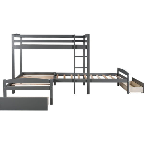 Homeroots Gray L Shaped Triple Bunk Bed With Drawers  Manufactured Wood And Solid Wood 404056