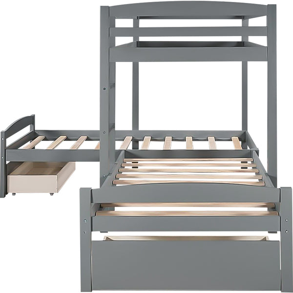 Homeroots Gray L Shaped Triple Bunk Bed With Drawers  Manufactured Wood And Solid Wood 404056