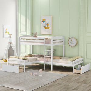 Homeroots White L Shaped Triple Bunk Bed With Drawers  Manufactured Wood And Solid Wood 404057