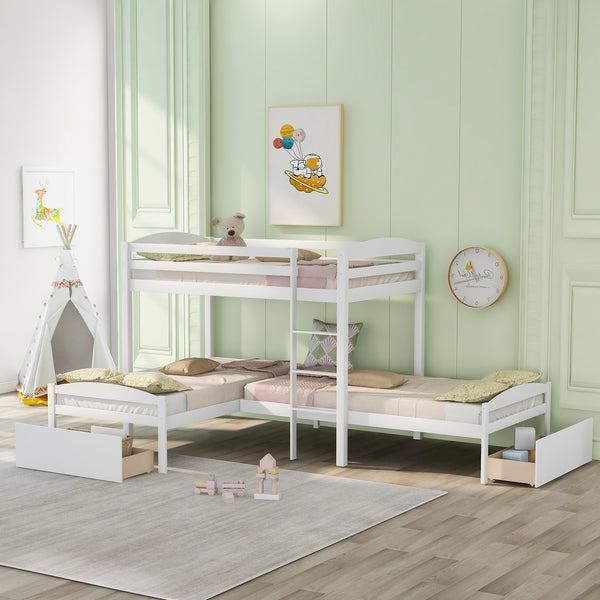 Homeroots White L Shaped Triple Bunk Bed With Drawers  Manufactured Wood And Solid Wood 404057