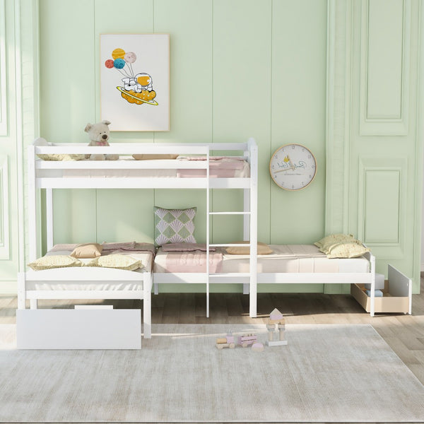 Homeroots White L Shaped Triple Bunk Bed With Drawers  Manufactured Wood And Solid Wood 404057