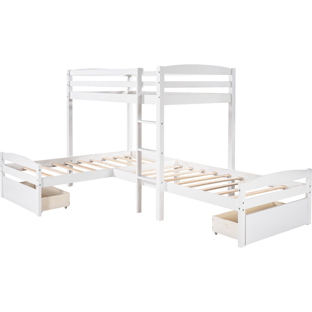 Homeroots White L Shaped Triple Bunk Bed With Drawers  Manufactured Wood And Solid Wood 404057