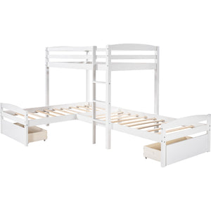 Homeroots White L Shaped Triple Bunk Bed With Drawers  Manufactured Wood And Solid Wood 404057