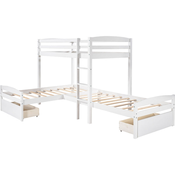 Homeroots White L Shaped Triple Bunk Bed With Drawers  Manufactured Wood And Solid Wood 404057
