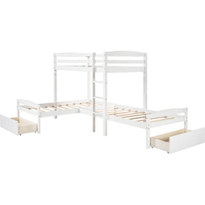 Homeroots White L Shaped Triple Bunk Bed With Drawers  Manufactured Wood And Solid Wood 404057