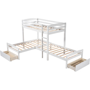 Homeroots White L Shaped Triple Bunk Bed With Drawers  Manufactured Wood And Solid Wood 404057