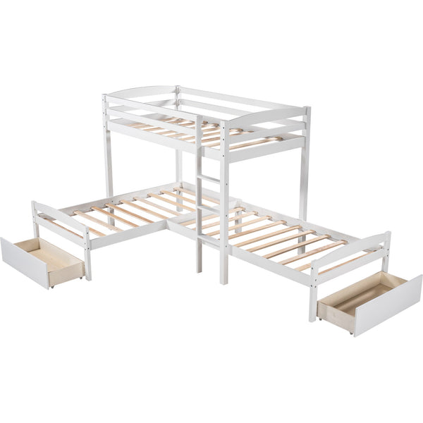 Homeroots White L Shaped Triple Bunk Bed With Drawers  Manufactured Wood And Solid Wood 404057