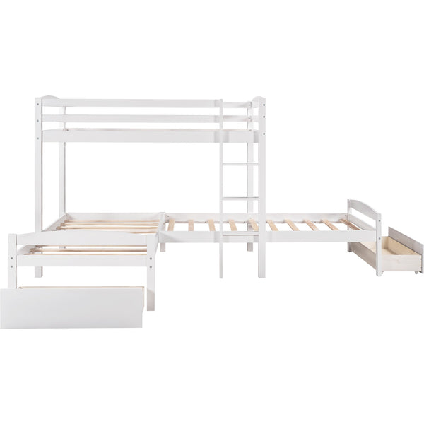 Homeroots White L Shaped Triple Bunk Bed With Drawers  Manufactured Wood And Solid Wood 404057