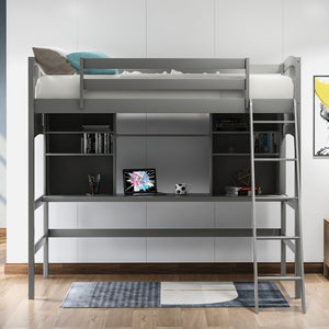 Homeroots Gray Twin Size Loft Bed With Desk And Shelves  Manufactured Wood + Solid Wood 404068