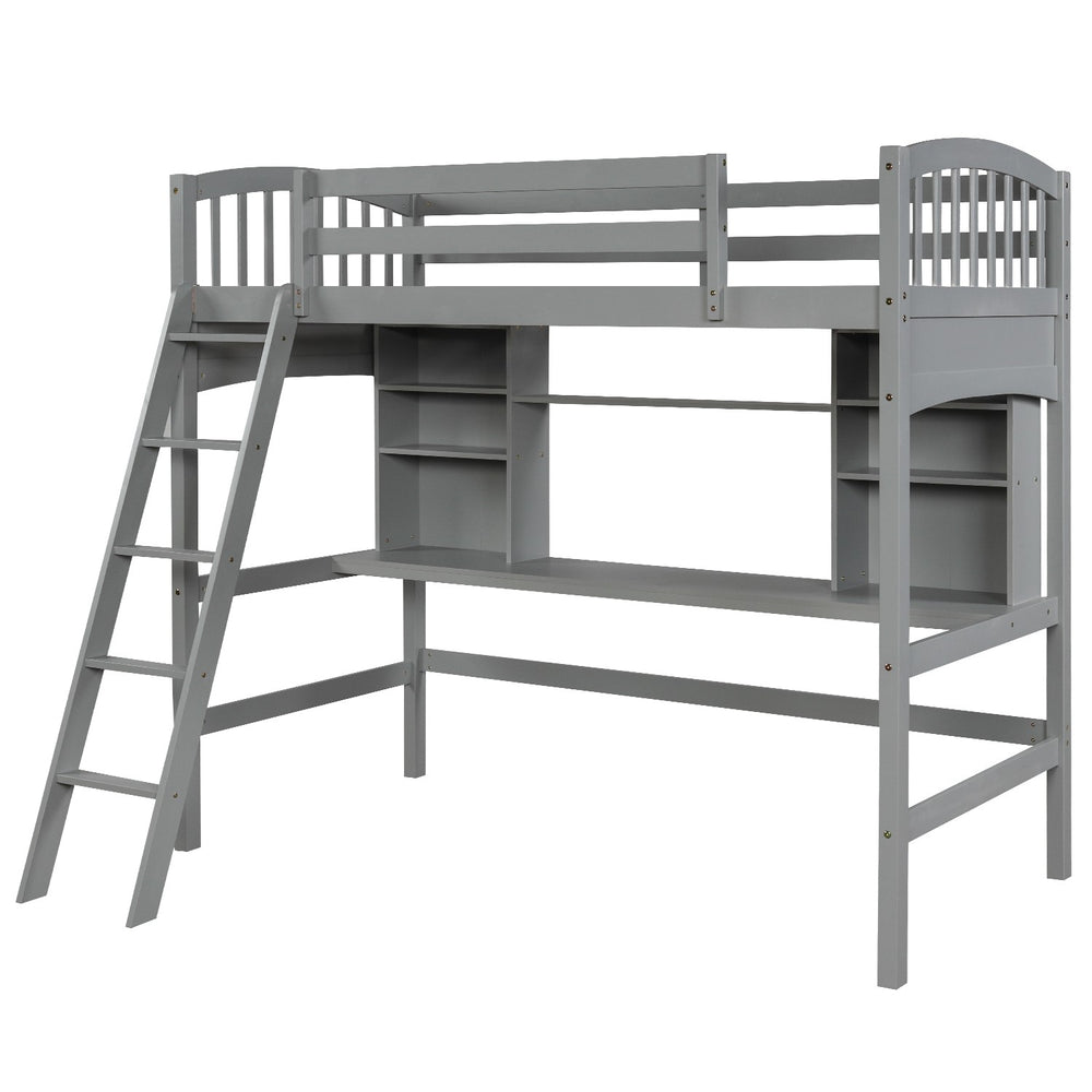 Homeroots Gray Twin Size Loft Bed With Desk And Shelves  Manufactured Wood + Solid Wood 404068