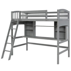 Homeroots Gray Twin Size Loft Bed With Desk And Shelves  Manufactured Wood + Solid Wood 404068