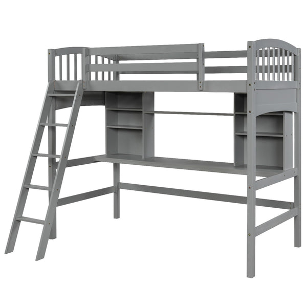 Homeroots Gray Twin Size Loft Bed With Desk And Shelves  Manufactured Wood + Solid Wood 404068