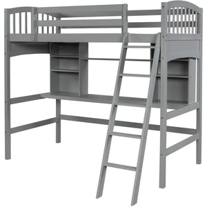 Homeroots Gray Twin Size Loft Bed With Desk And Shelves  Manufactured Wood + Solid Wood 404068