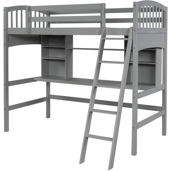 Homeroots Gray Twin Size Loft Bed With Desk And Shelves  Manufactured Wood + Solid Wood 404068