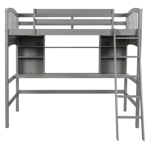 Homeroots Gray Twin Size Loft Bed With Desk And Shelves  Manufactured Wood + Solid Wood 404068