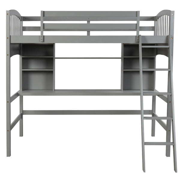 Homeroots Gray Twin Size Loft Bed With Desk And Shelves  Manufactured Wood + Solid Wood 404068