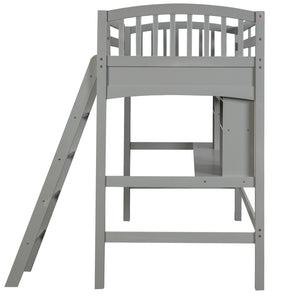 Homeroots Gray Twin Size Loft Bed With Desk And Shelves  Manufactured Wood + Solid Wood 404068