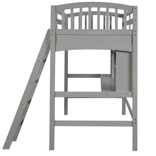 Homeroots Gray Twin Size Loft Bed With Desk And Shelves  Manufactured Wood + Solid Wood 404068